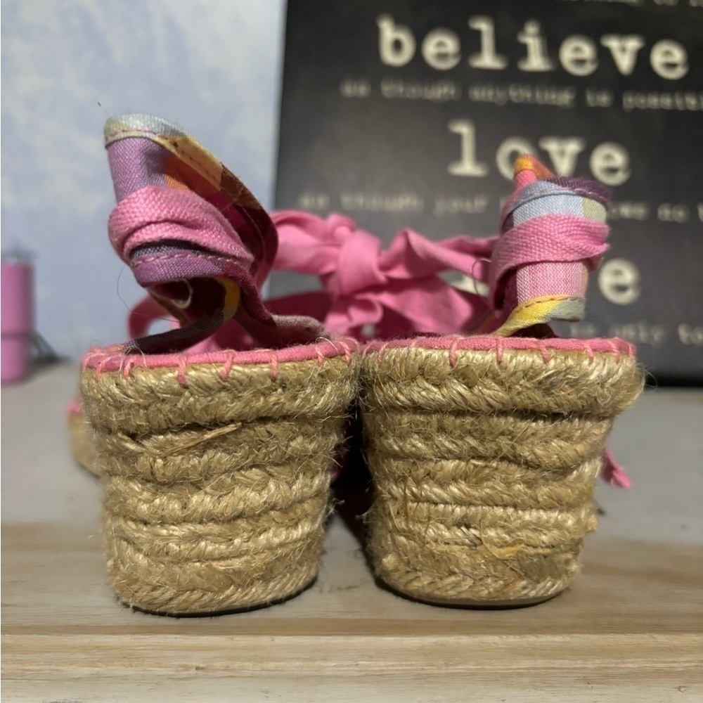 🩷Free🩷Pink plaid wedge sandals lace up leg size 8 - Picture 6 of 8